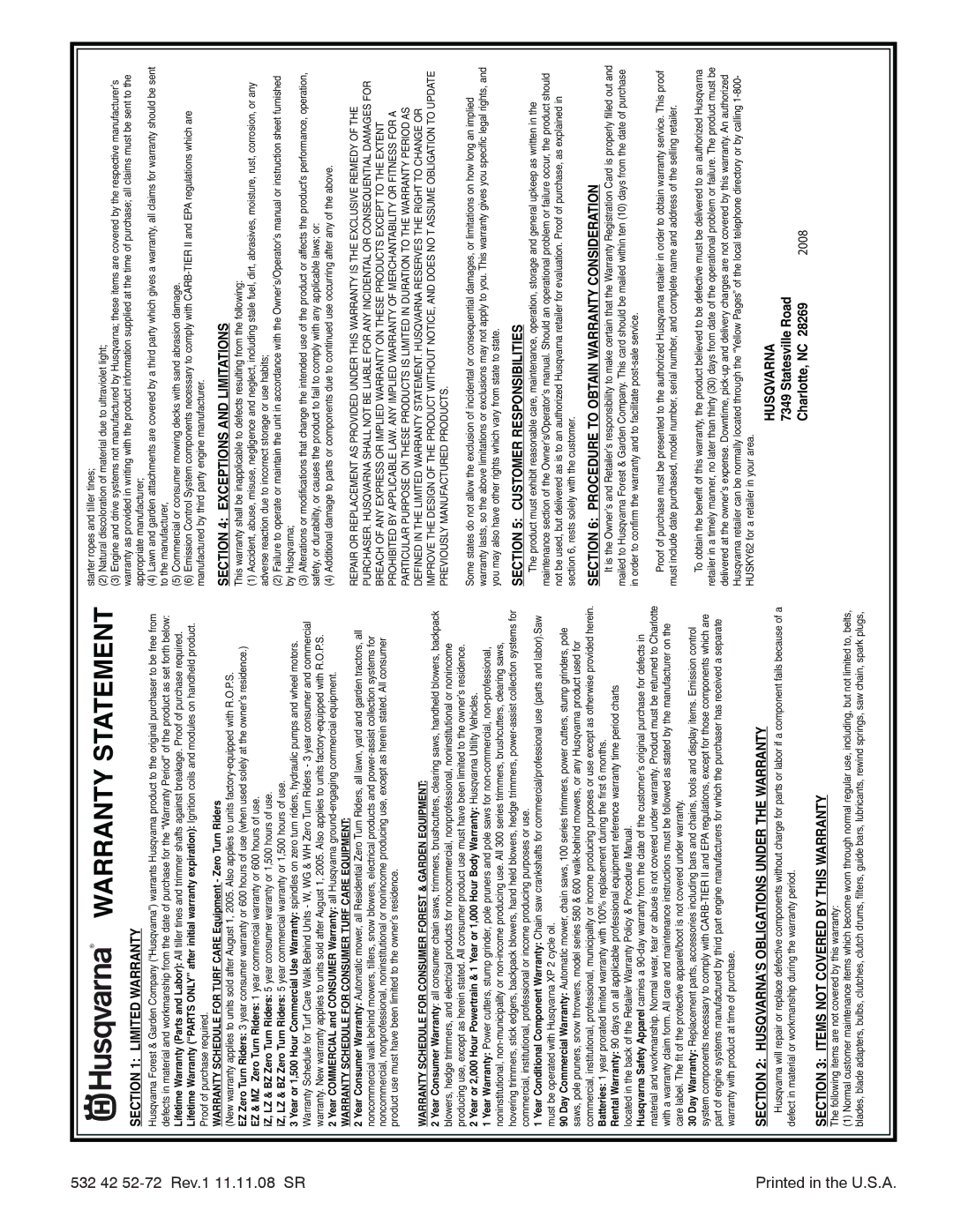 Husqvarna 1130SB owner manual Warranty Statement 