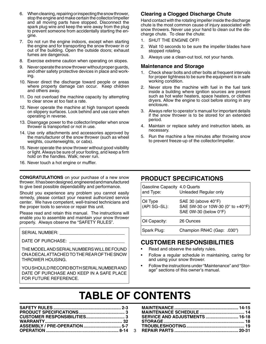 Husqvarna 1130SBE-OV Table Of Contents, Product Specifications, Customer Responsibilities, Maintenance and Storage, 8-14 