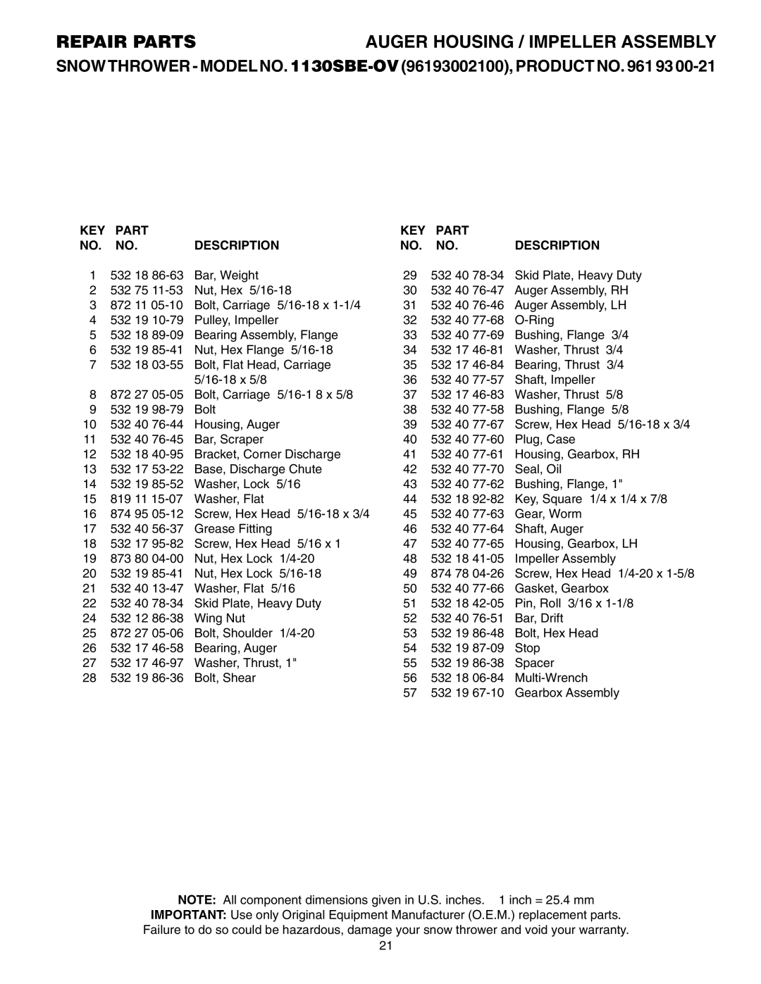 Husqvarna 1130SBE-OV owner manual KEY Part Description 