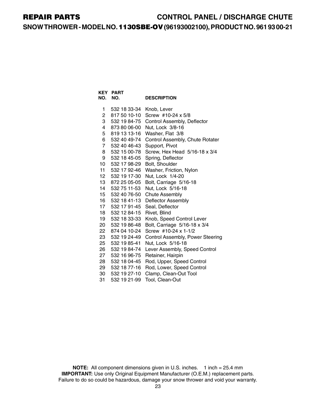 Husqvarna 1130SBE-OV owner manual KEY Part Description 