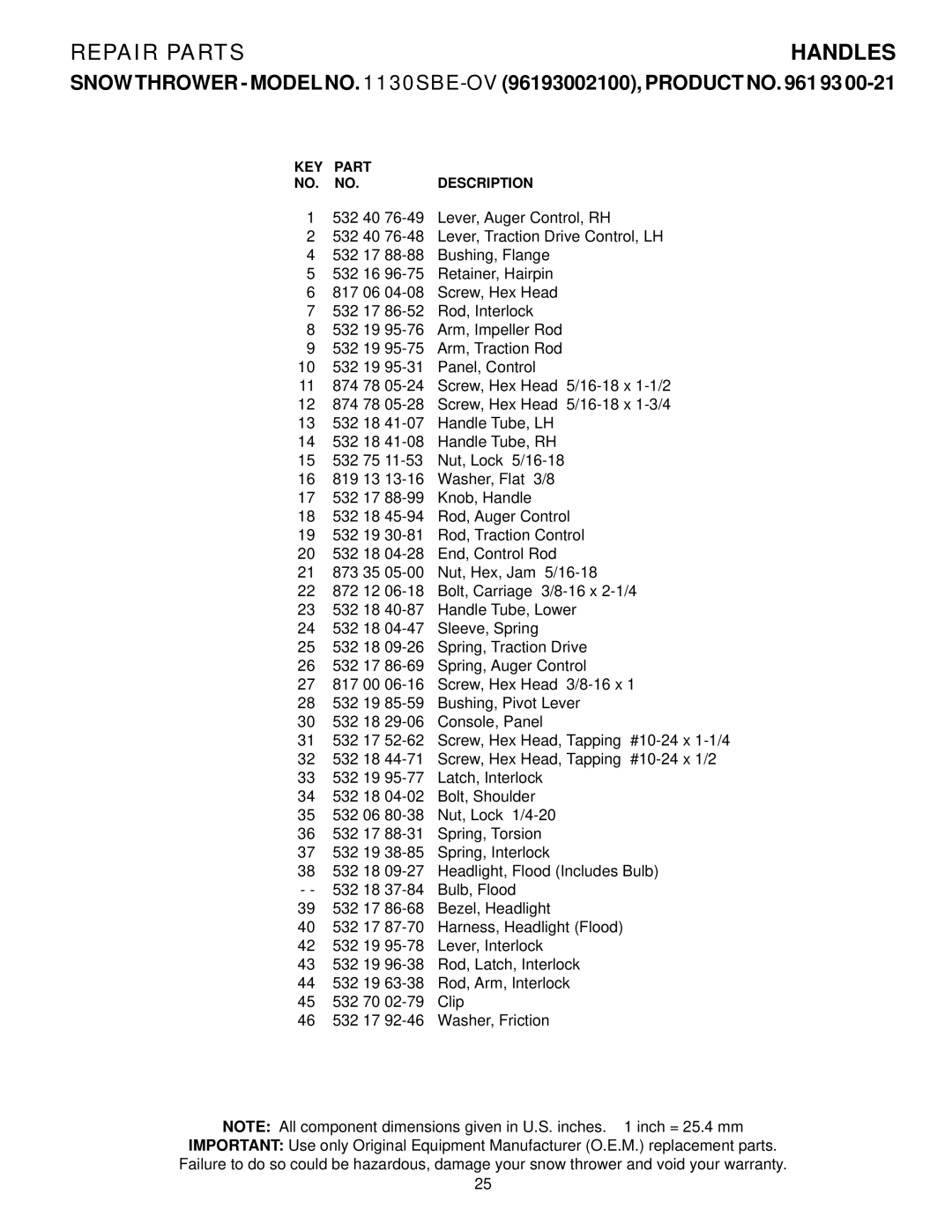 Husqvarna 1130SBE-OV owner manual Repair Parts 