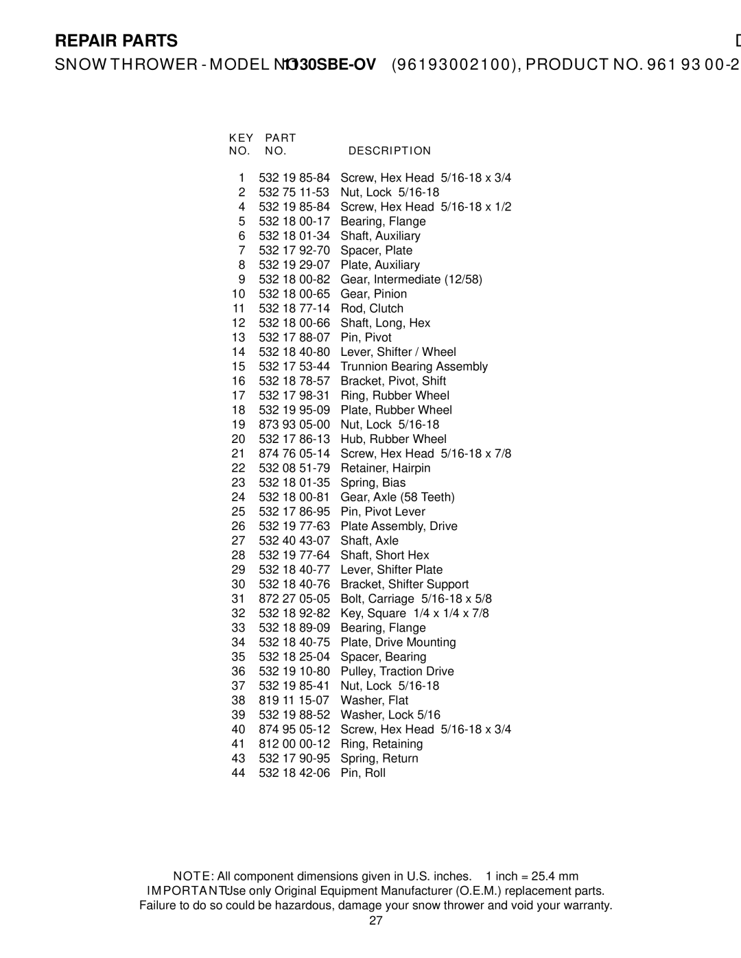 Husqvarna 1130SBE-OV owner manual Repair Parts 