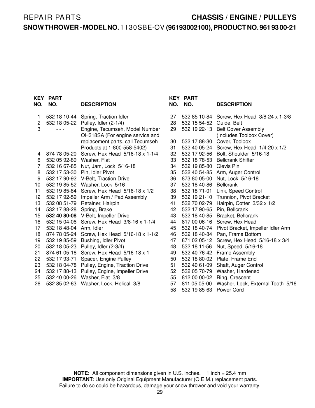 Husqvarna 1130SBE-OV owner manual KEY Part Description 