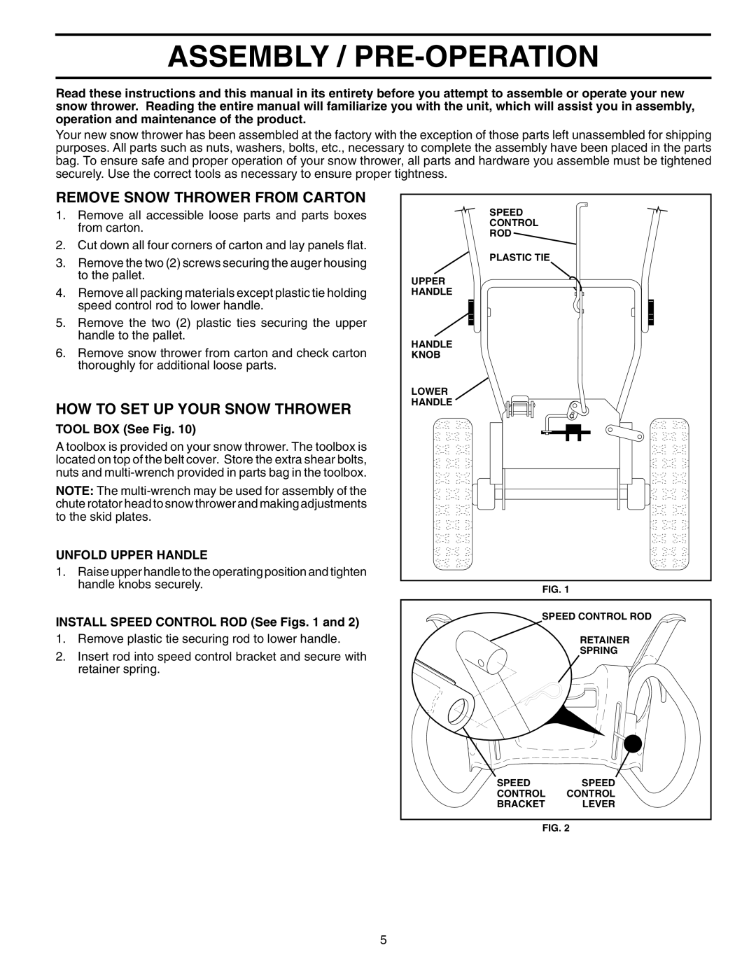 Husqvarna 1130SBE-OV Assembly / PRE-OPERATION, Remove Snow Thrower from Carton, HOW to SET UP Your Snow Thrower 