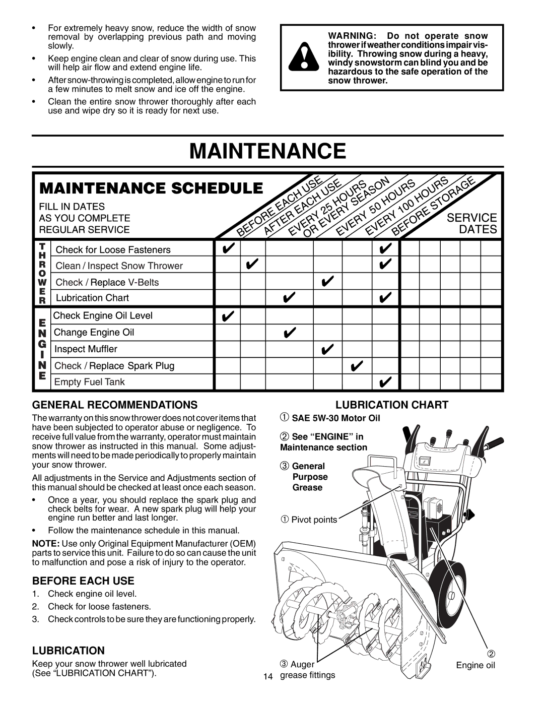 Husqvarna 1130SBE owner manual Maintenance, General Recommendations, Before Each USE, Lubrication 