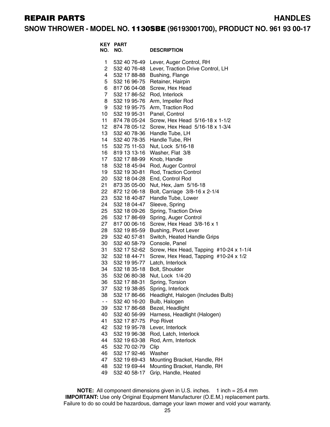 Husqvarna 1130SBE owner manual Repair Parts Handles 