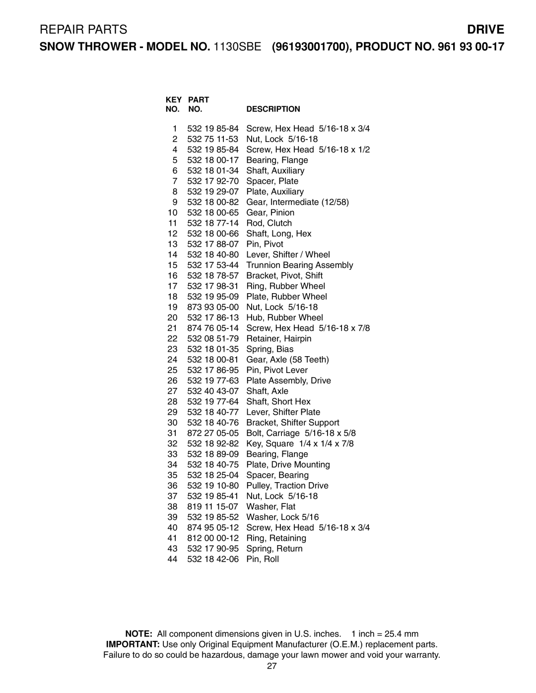 Husqvarna 1130SBE owner manual Repair Parts 