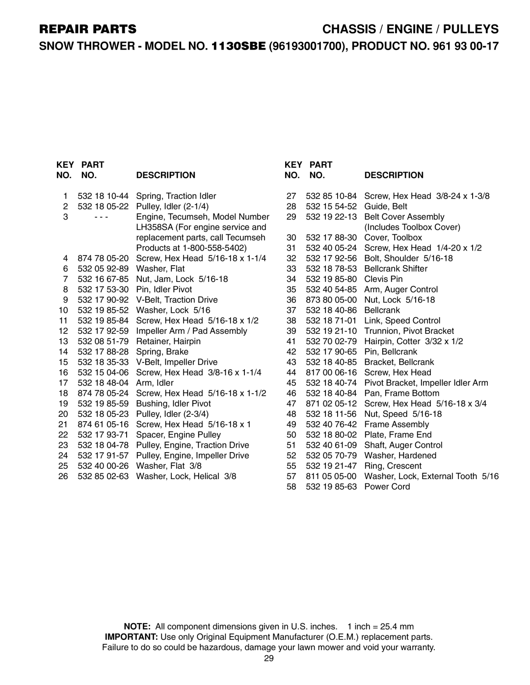 Husqvarna 1130SBE owner manual KEY Part Description 