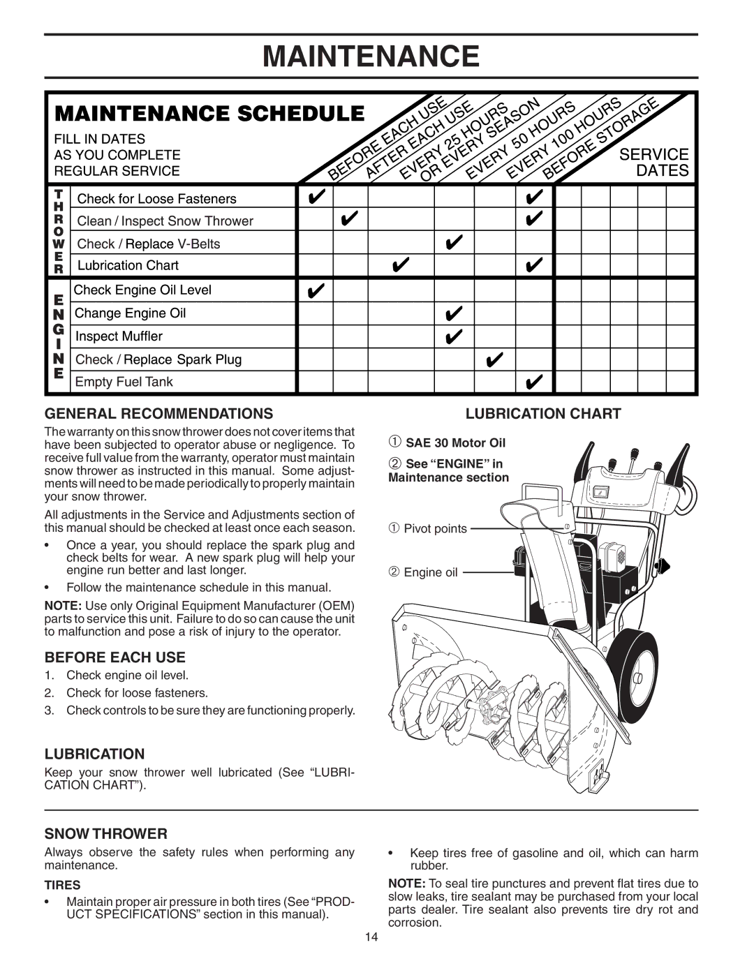 Husqvarna 1130ST owner manual Maintenance, General Recommendations, Before Each USE, Lubrication, Snow Thrower 