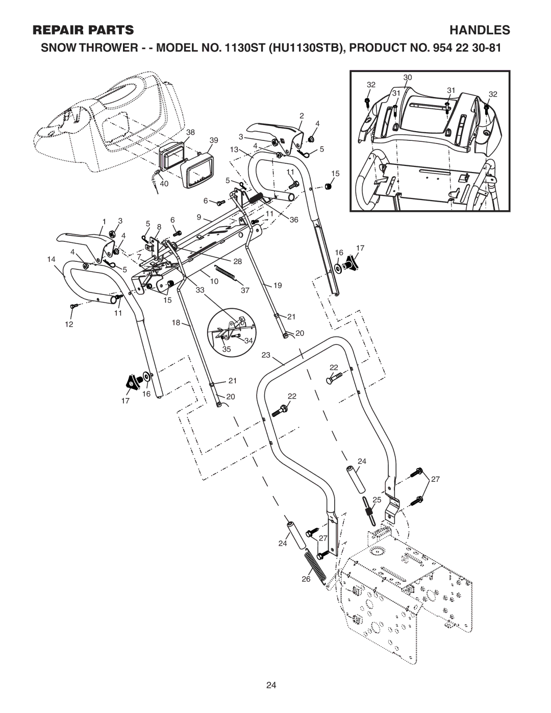 Husqvarna 1130ST owner manual Repair Parts Handles 