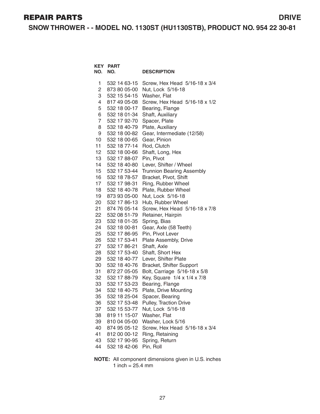 Husqvarna 1130ST owner manual Repair Parts 