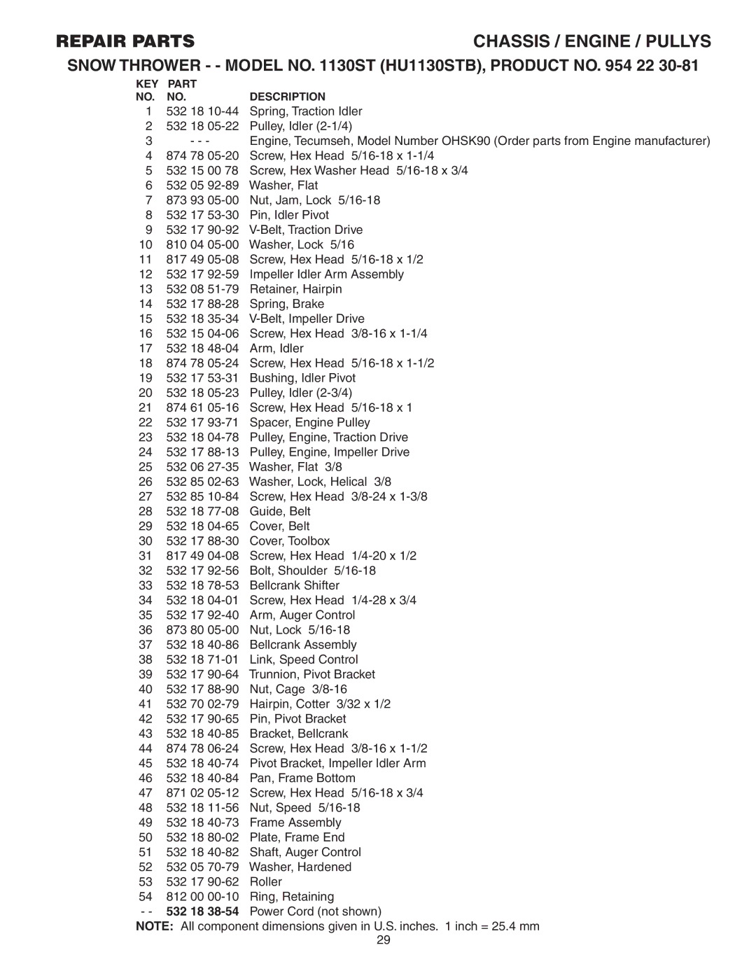 Husqvarna 1130ST owner manual Repair Parts 