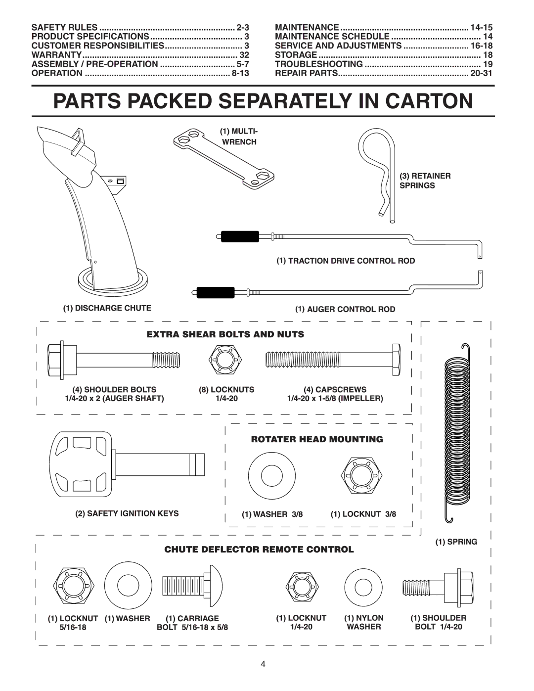 Husqvarna 1130ST owner manual Parts Packed Separately in Carton, 14-15, Service and Adjustments, 16-18, 20-31 