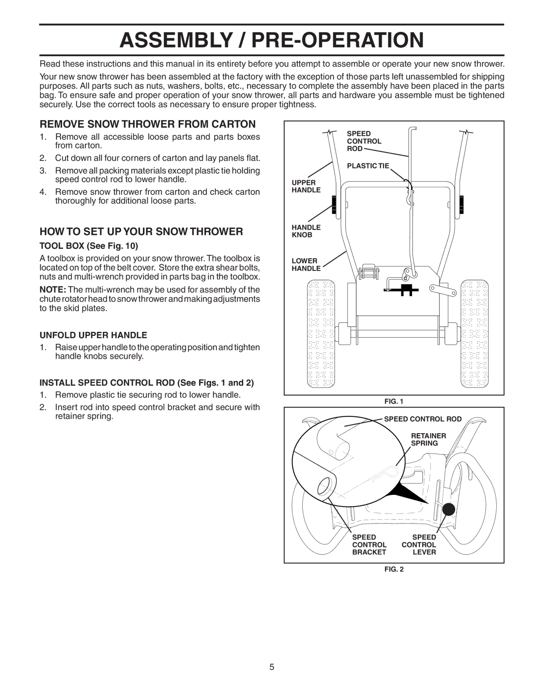 Husqvarna 1130ST owner manual Assembly / PRE-OPERATION, Remove Snow Thrower from Carton, HOW to SET UP Your Snow Thrower 