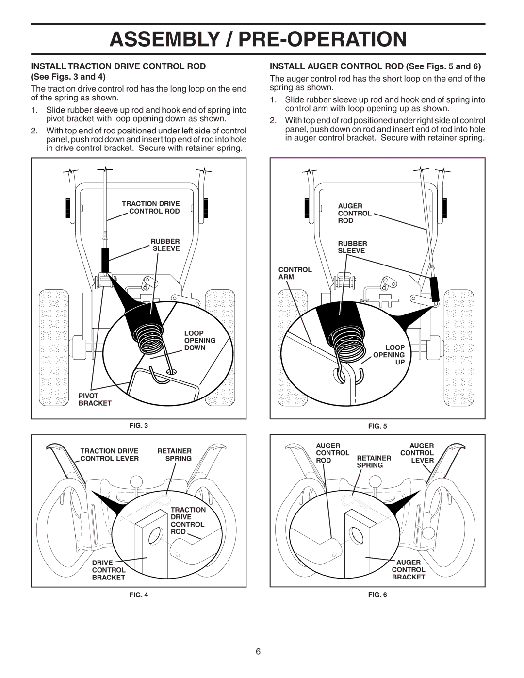 Husqvarna 1130ST owner manual Install Traction Drive Control ROD See Figs, Install Auger Control ROD See Figs 