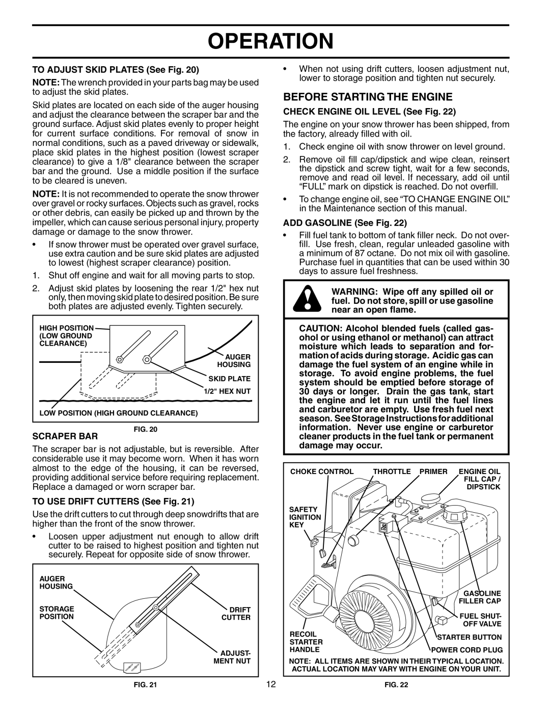 Husqvarna 1130STE XP owner manual Operation, Before Starting The Engine, TO ADJUST SKID PLATES See Fig, Scraper Bar 