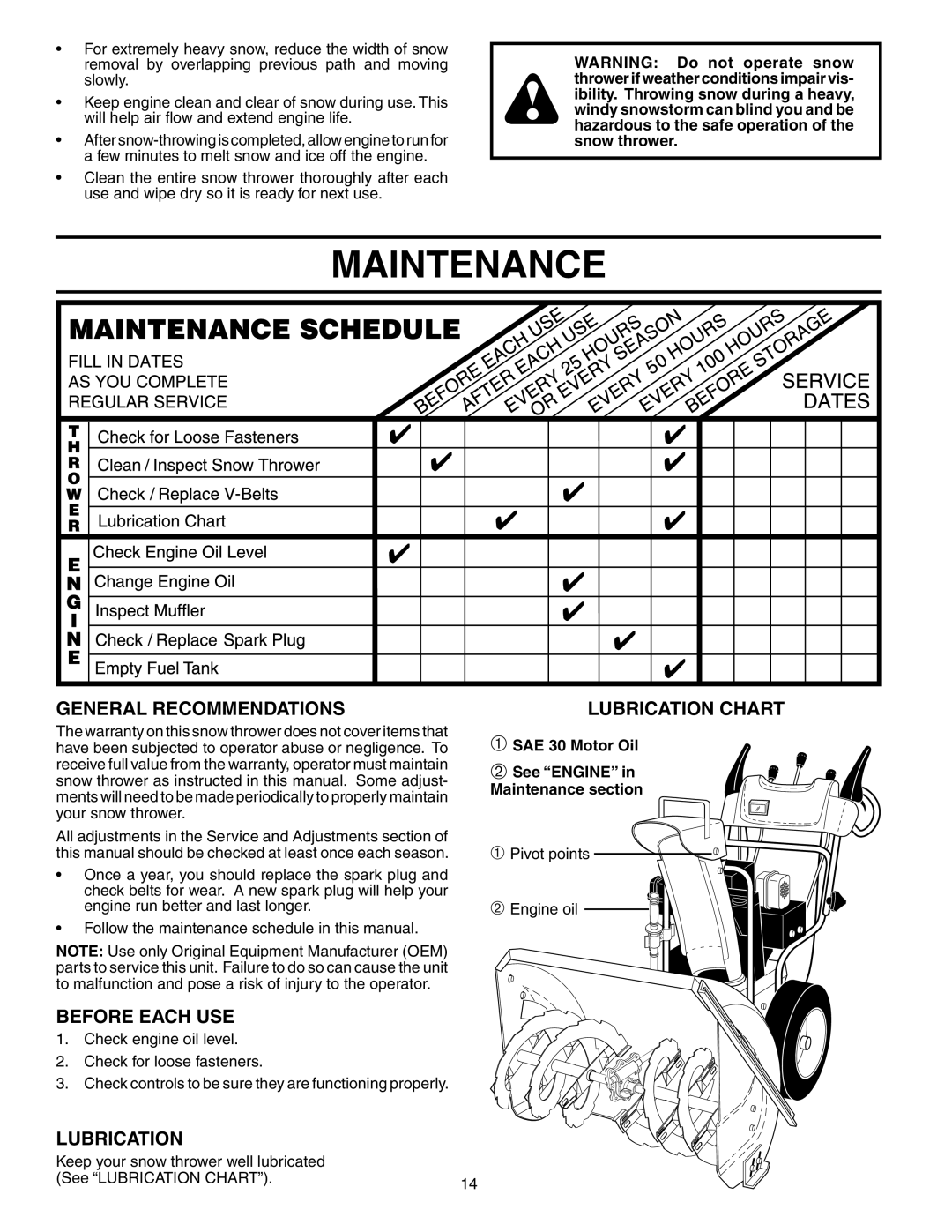Husqvarna 1130STE XP Maintenance, General Recommendations, Before Each Use, Lubrication Chart, ➀SAE 30 Motor Oil 