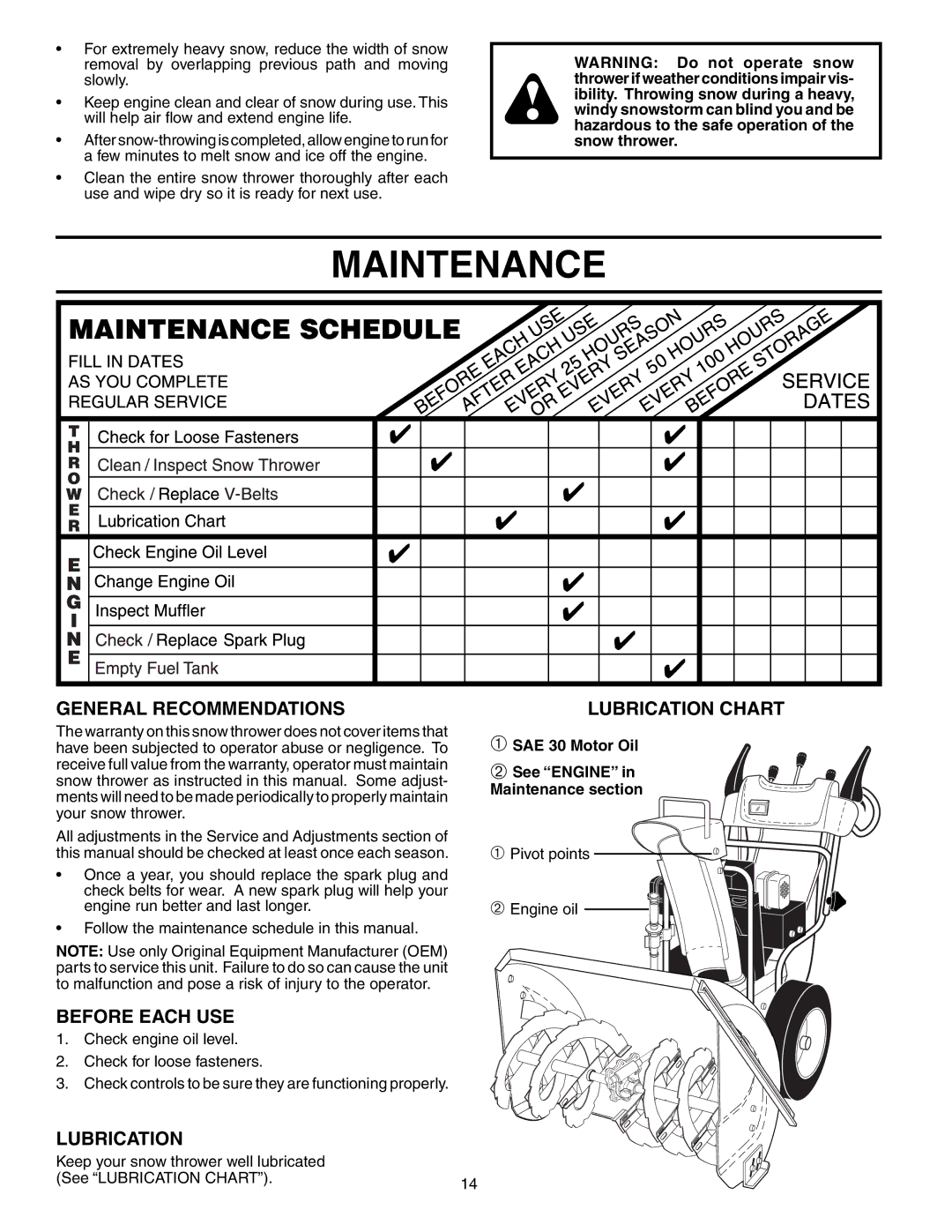 Husqvarna 1130STE XP owner manual Maintenance, General Recommendations, Before Each USE, Lubrication 