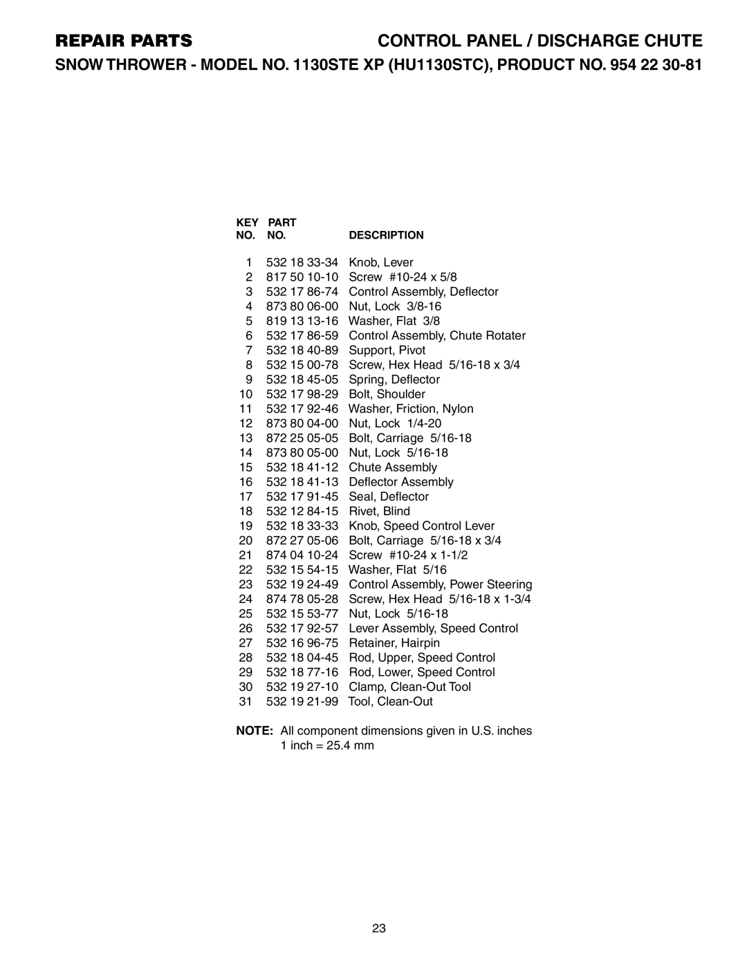 Husqvarna 1130STE XP owner manual Repair Parts 