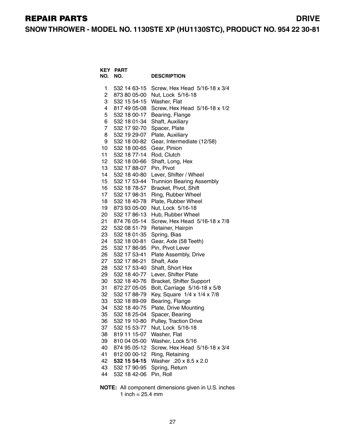 Husqvarna 1130STE XP owner manual Repair Parts 