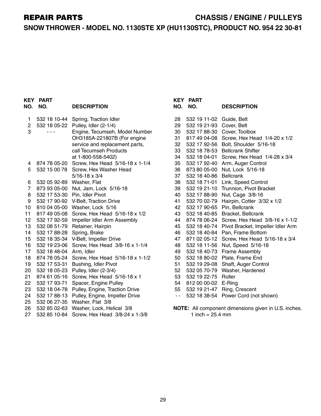 Husqvarna 1130STE XP owner manual KEY Part Description 