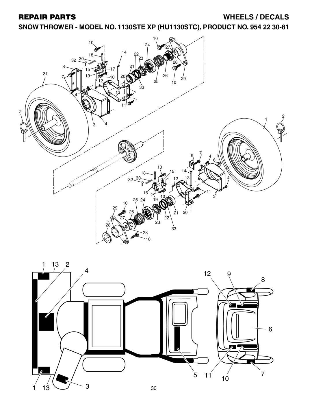 Husqvarna 1130STE XP owner manual Repair Parts Wheels / Decals 