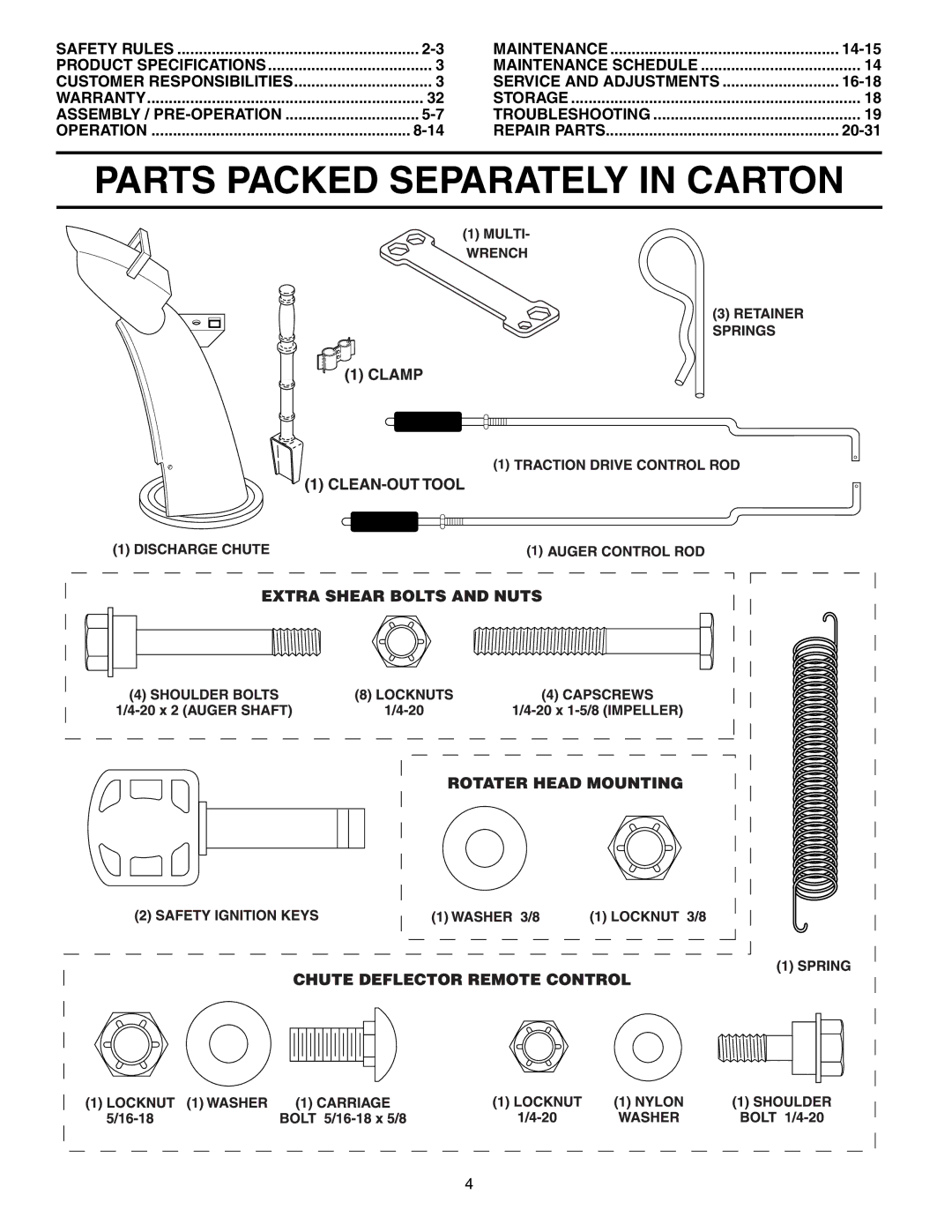 Husqvarna 1130STE XP owner manual Parts Packed Separately in Carton, 14-15, Service and Adjustments, 16-18, 20-31 