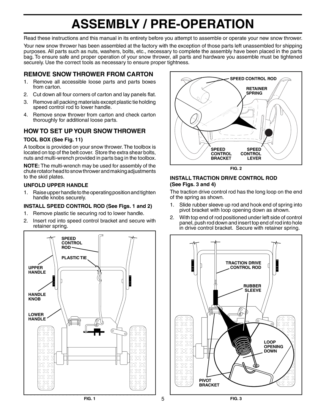 Husqvarna 1130STE XP Assembly / PRE-OPERATION, Remove Snow Thrower from Carton, HOW to SET UP Your Snow Thrower 