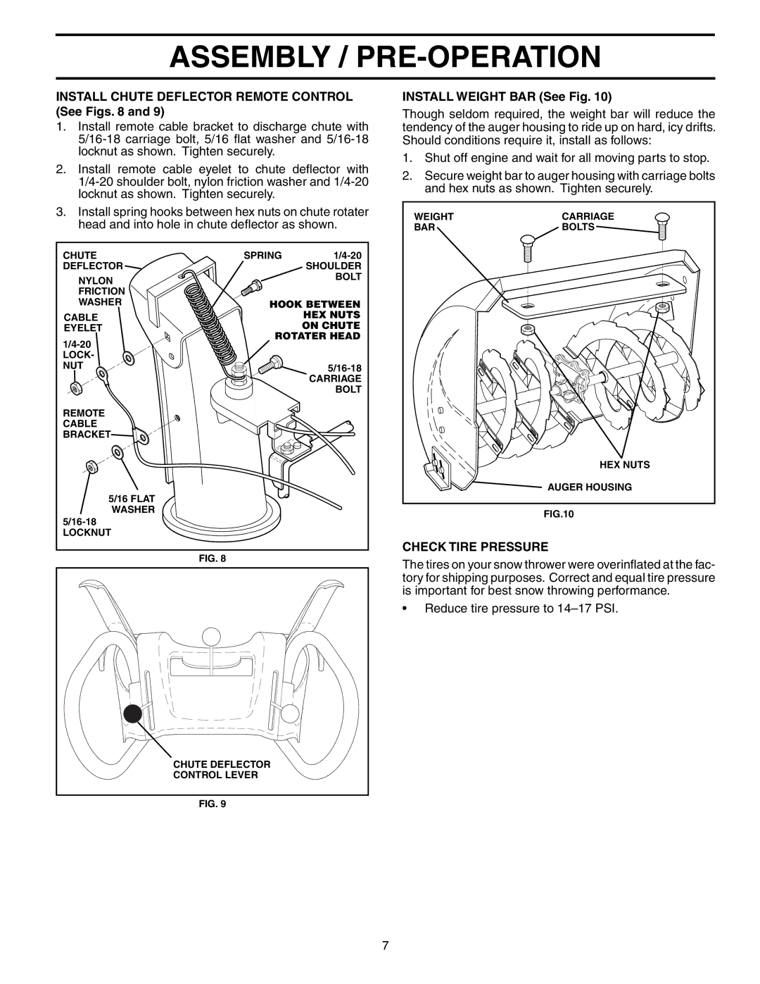 Husqvarna 1130STE XP Install Chute Deflector Remote Control See Figs, Install Weight BAR See Fig, Check Tire Pressure 