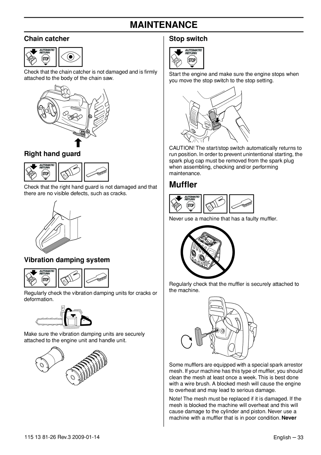 Husqvarna 115 13 81-26 manual Mufﬂer, Chain catcher 