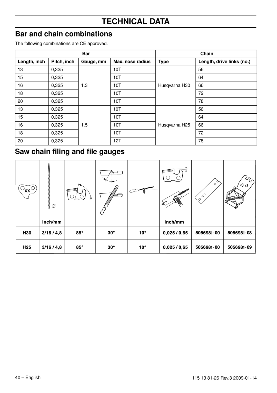 Husqvarna 115 13 81-26 manual Bar and chain combinations, Saw chain ﬁling and ﬁle gauges 