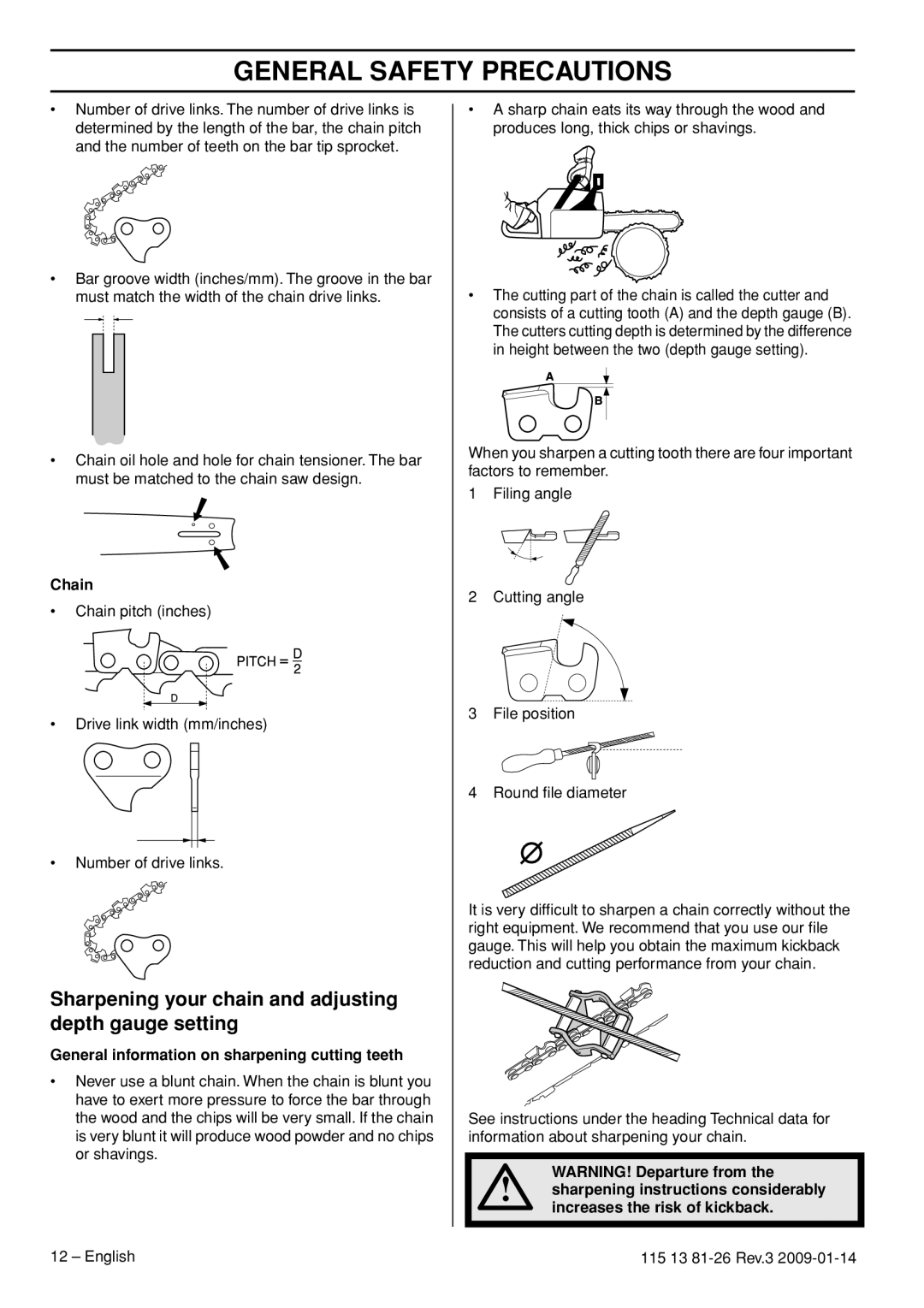 Husqvarna 115 13 81-26 manual General Safety Precautions, Chain, General information on sharpening cutting teeth 