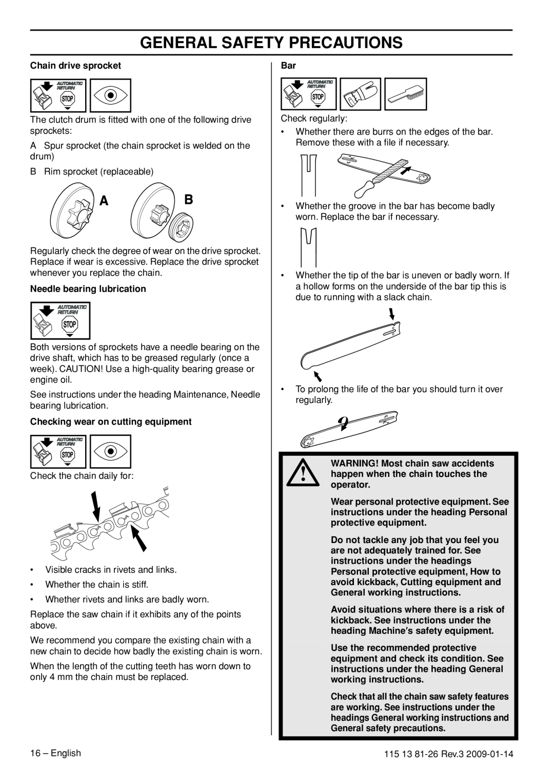 Husqvarna 115 13 81-26 manual General Safety Precautions, Chain drive sprocket 