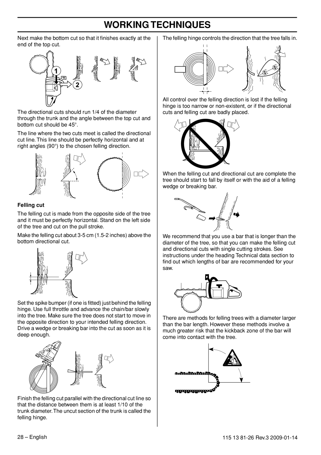 Husqvarna 115 13 81-26 manual Working Techniques, Felling cut 