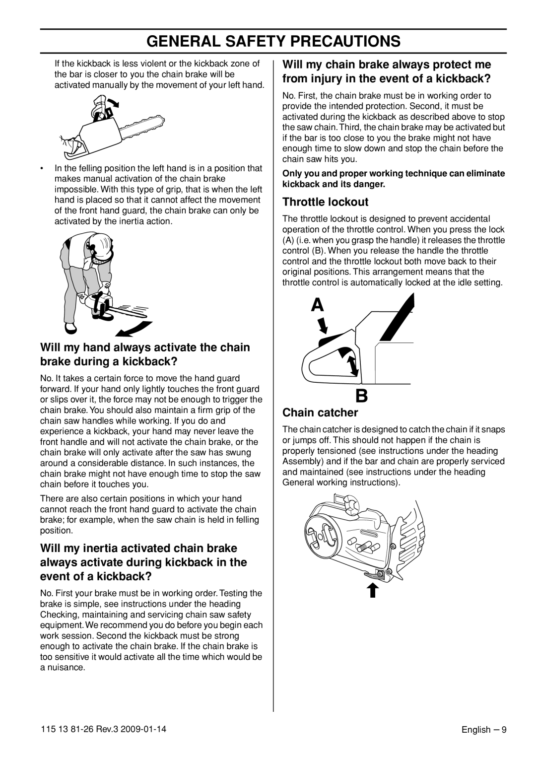 Husqvarna 115 13 81-26 manual General Safety Precautions, Throttle lockout 