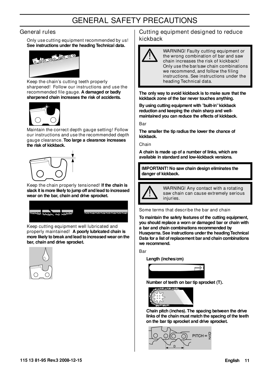 Husqvarna 115 13 81-95 manual General rules, Cutting equipment designed to reduce kickback, Bar, Chain 