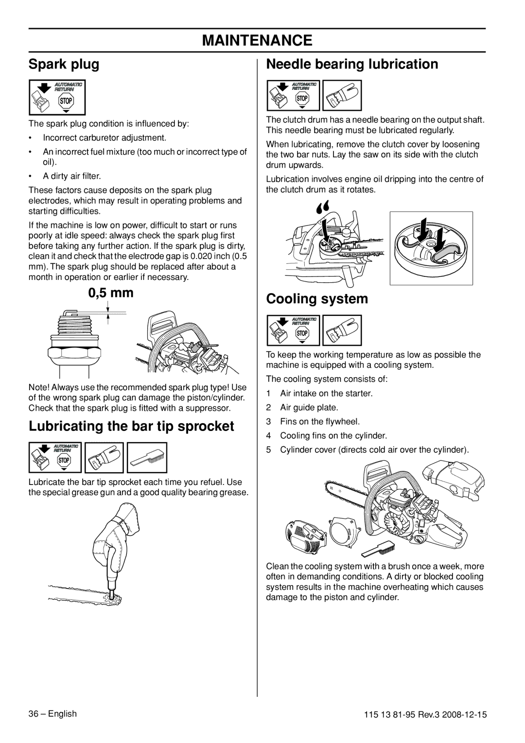 Husqvarna 115 13 81-95 manual Spark plug, Lubricating the bar tip sprocket, Needle bearing lubrication, Cooling system 