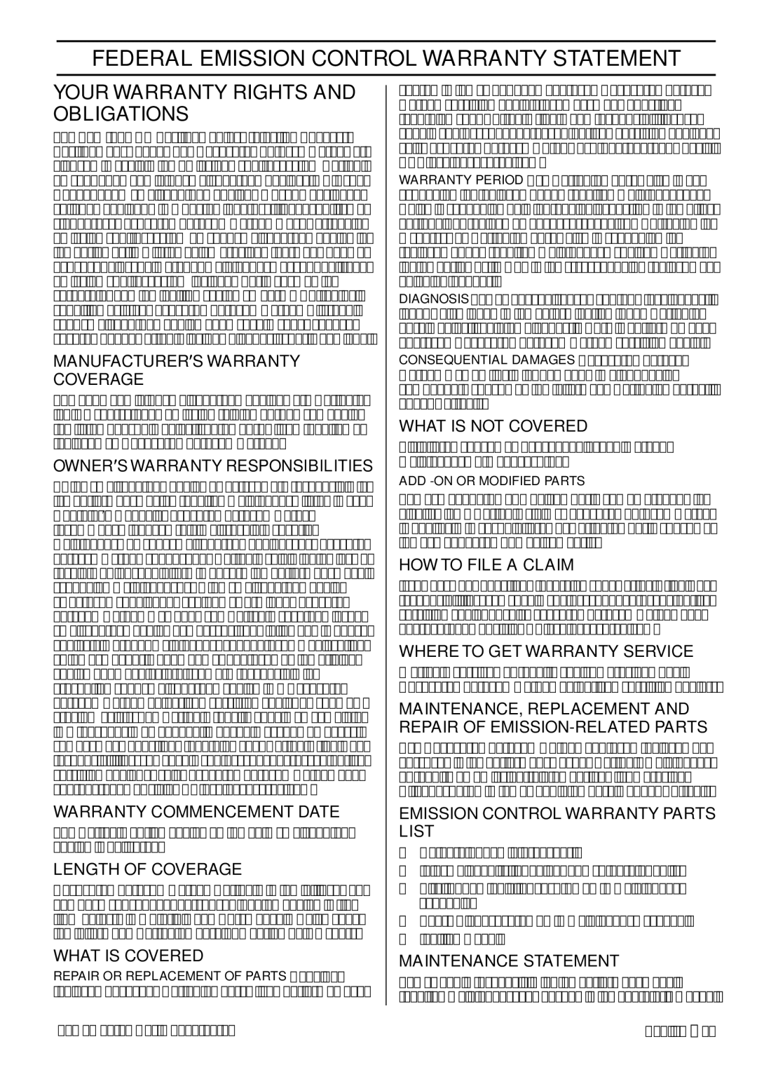 Husqvarna 115 13 81-95 manual Federal Emission Control Warranty Statement, Your Warranty Rights and Obligations 