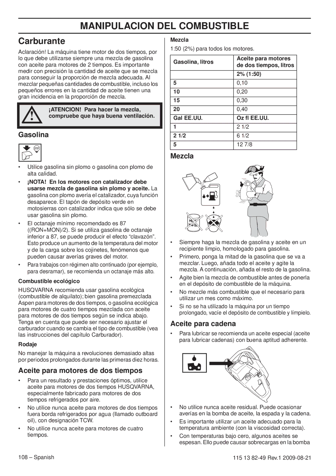 Husqvarna 115 13 82-49 manuel dutilisation Manipulacion DEL Combustible, Carburante 