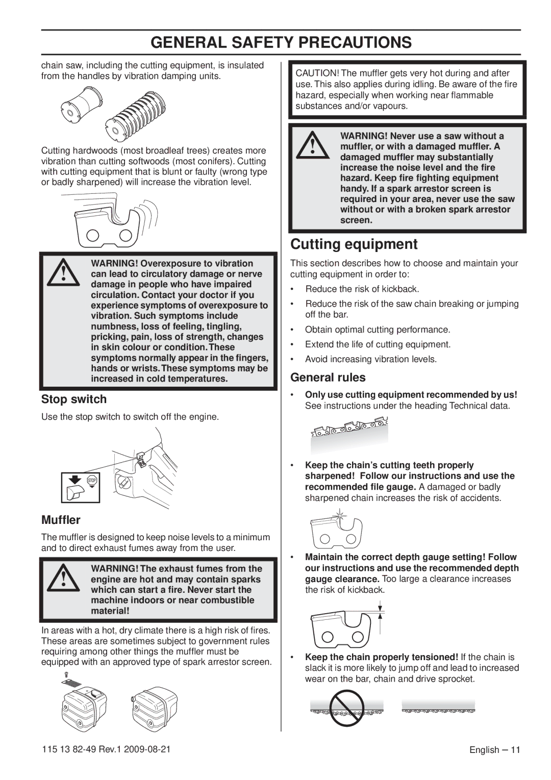 Husqvarna 115 13 82-49 manuel dutilisation Cutting equipment, Stop switch, Mufﬂer, General rules 