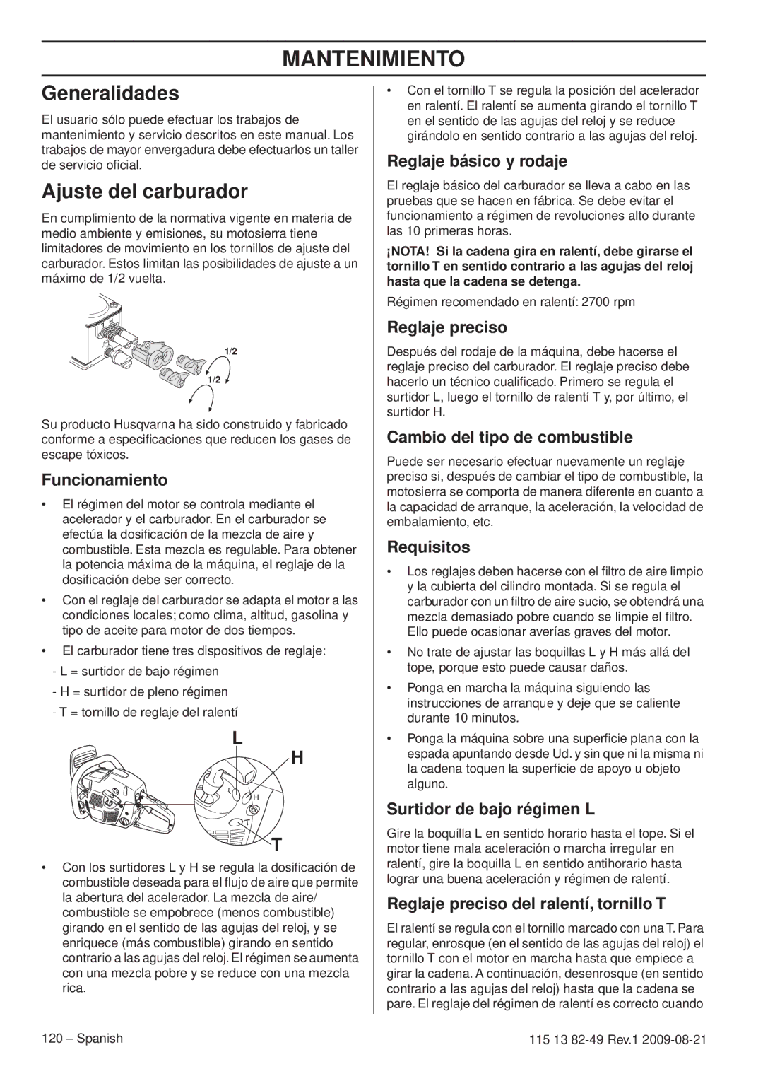 Husqvarna 115 13 82-49 manuel dutilisation Mantenimiento, Generalidades, Ajuste del carburador 