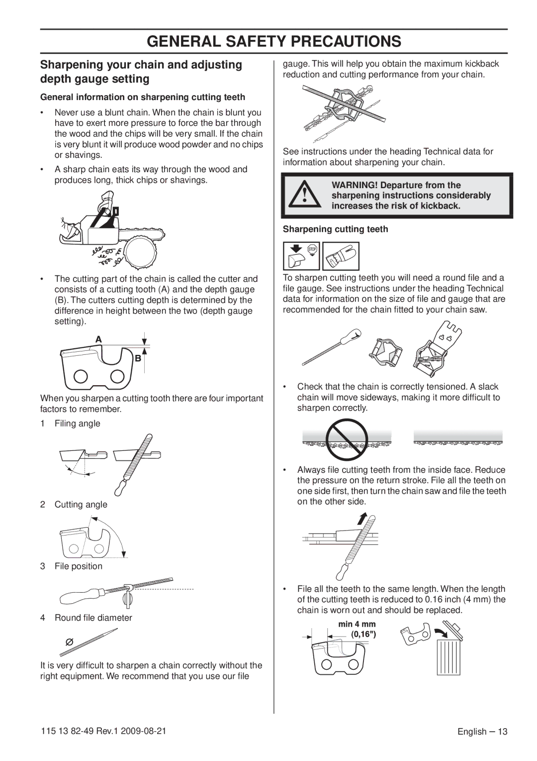 Husqvarna 115 13 82-49 manuel dutilisation Sharpening your chain and adjusting depth gauge setting 