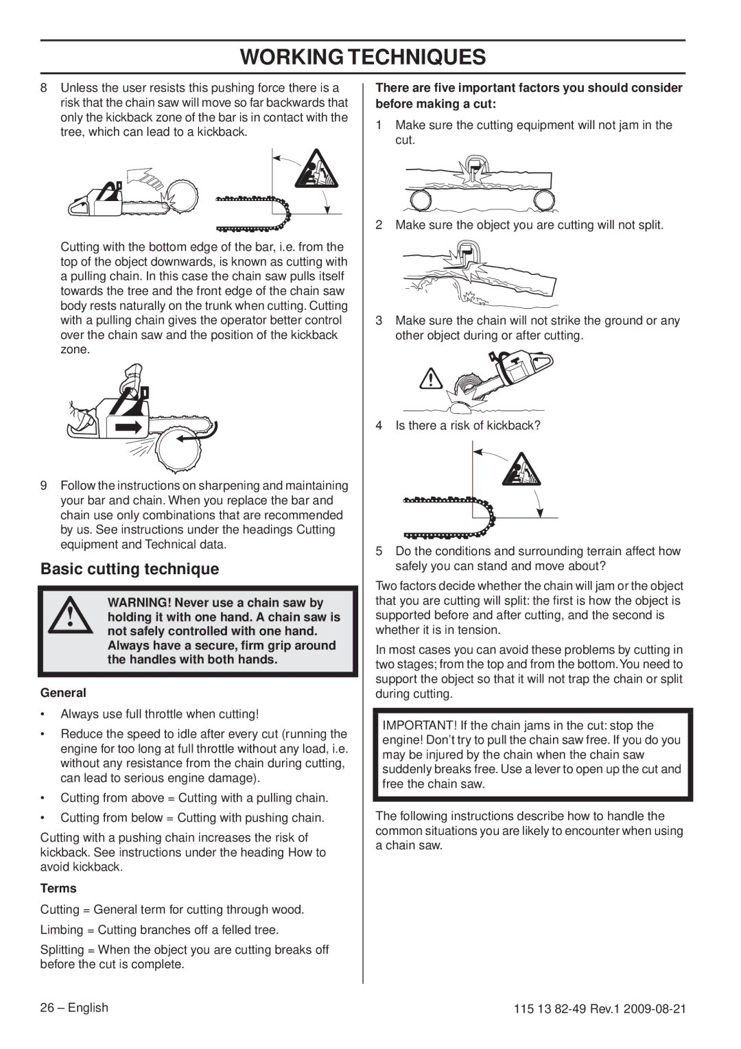 Husqvarna 115 13 82-49 manuel dutilisation Basic cutting technique, Terms 