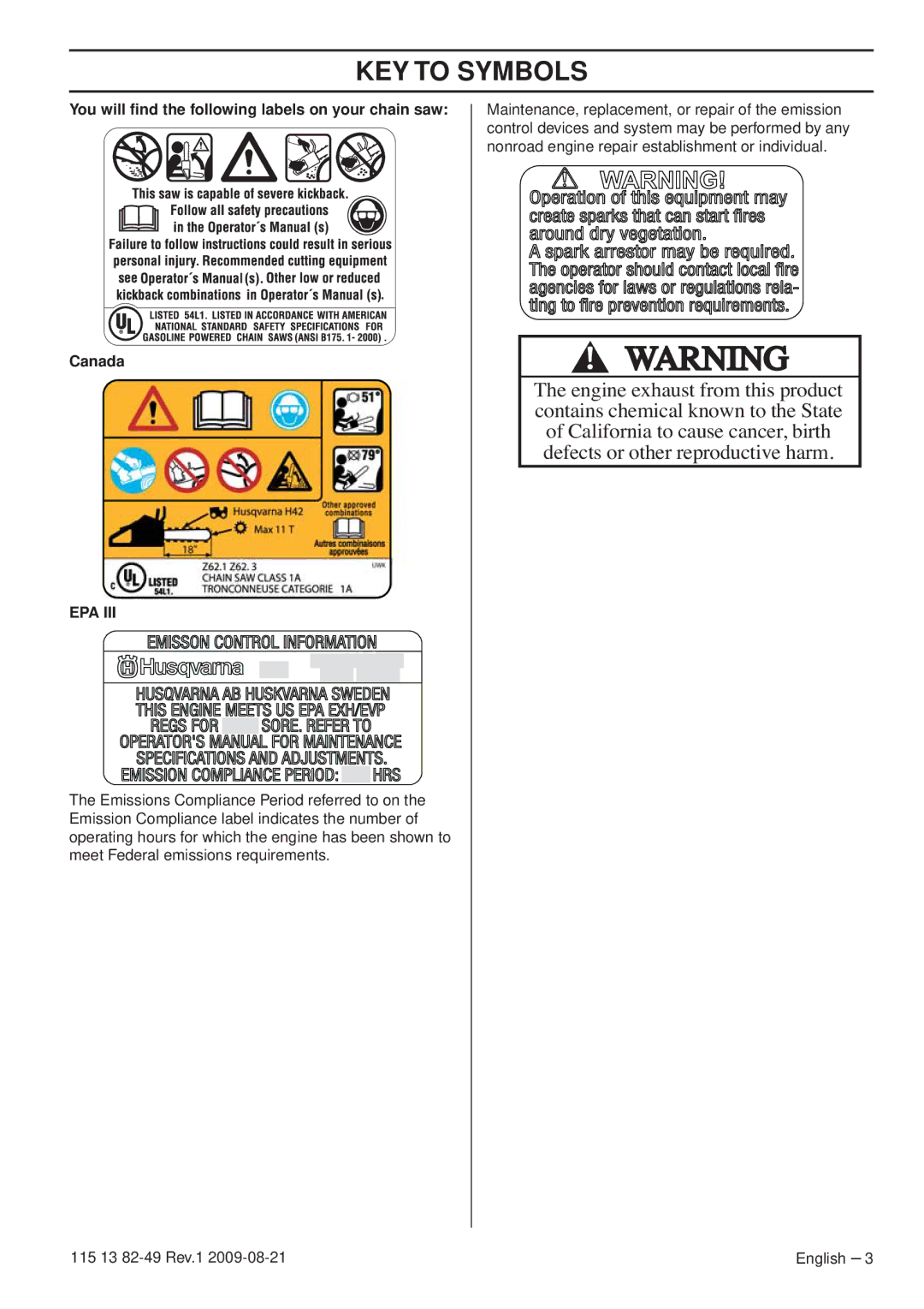 Husqvarna manuel dutilisation You will ﬁnd the following labels on your chain saw Canada, 115 13 82-49 Rev.1 English 