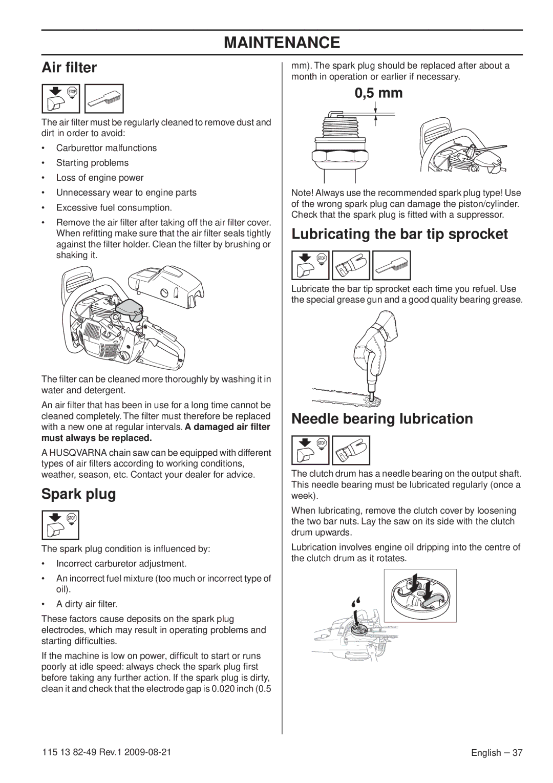 Husqvarna 115 13 82-49 Air ﬁlter, Spark plug, Lubricating the bar tip sprocket, Needle bearing lubrication 