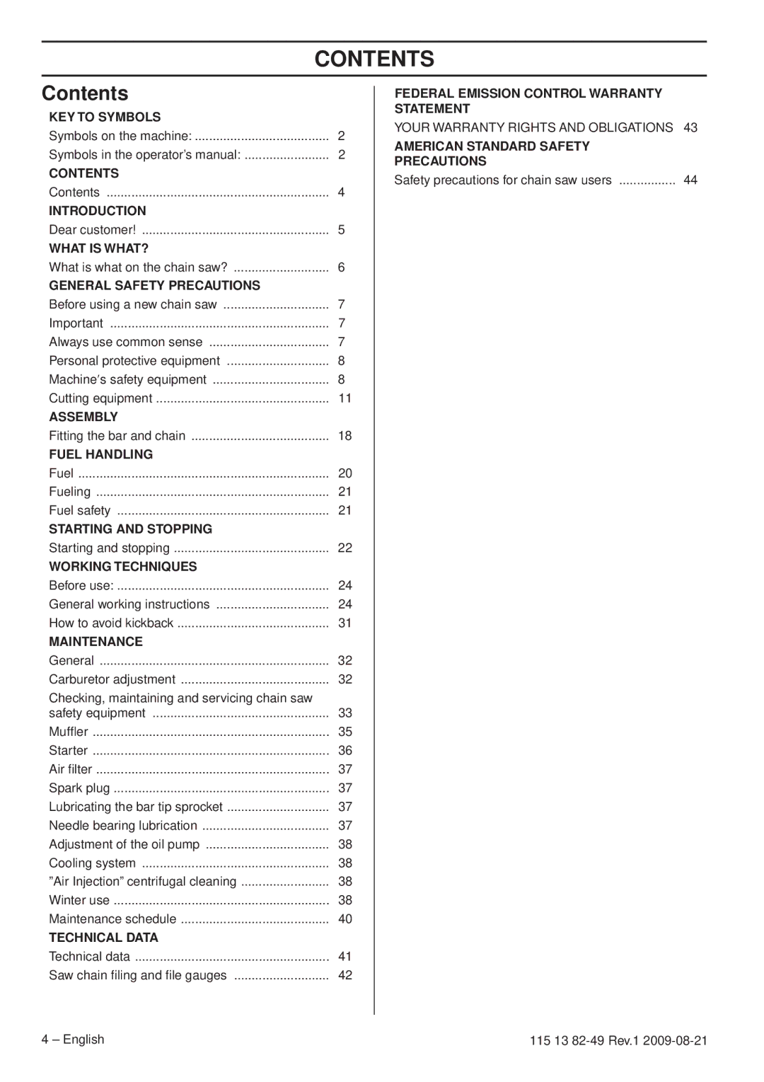 Husqvarna 115 13 82-49 manuel dutilisation Contents 