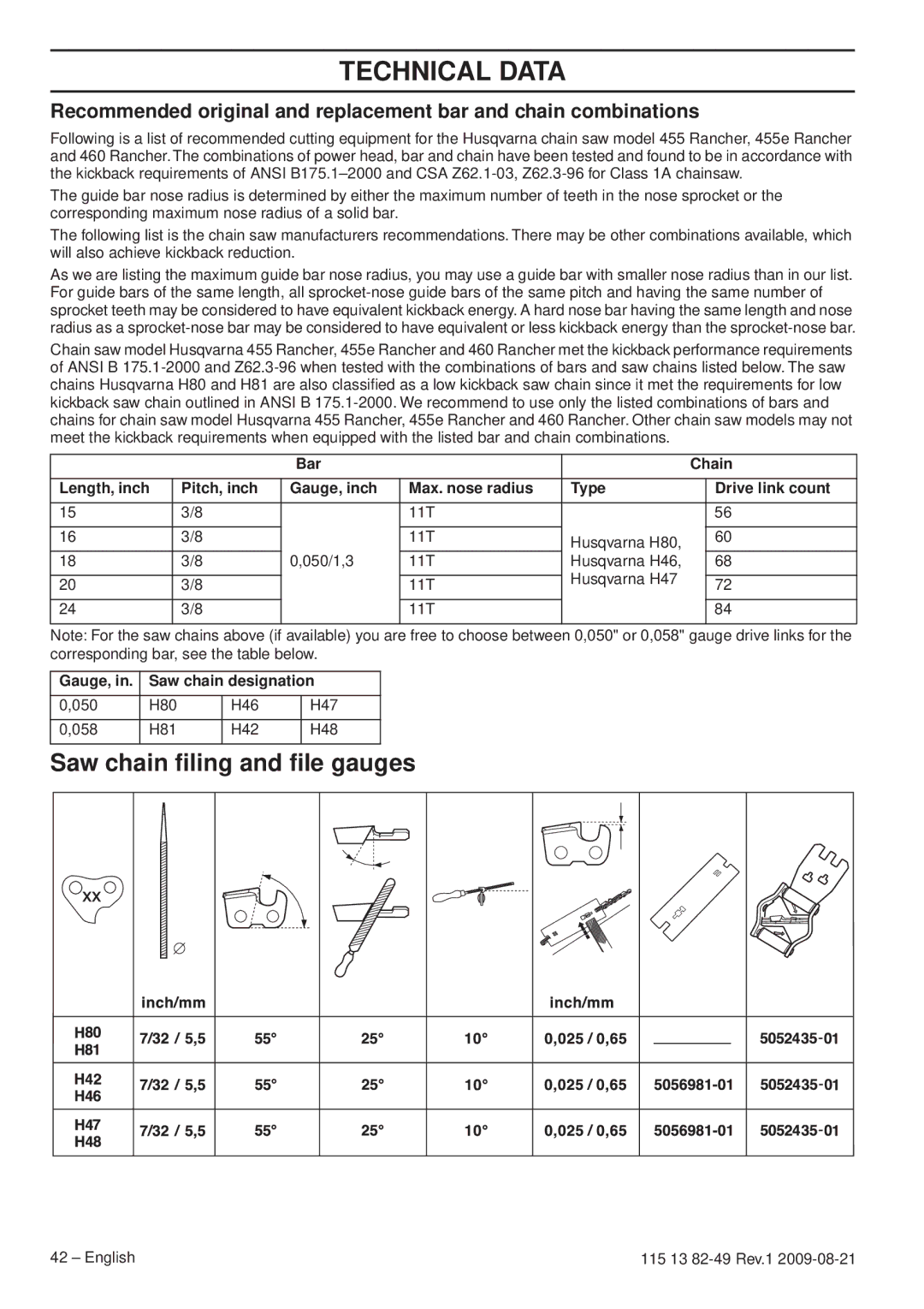 Husqvarna 115 13 82-49 Saw chain ﬁling and ﬁle gauges, 11T Husqvarna H80 050/1,3 Husqvarna H46 Husqvarna H47 