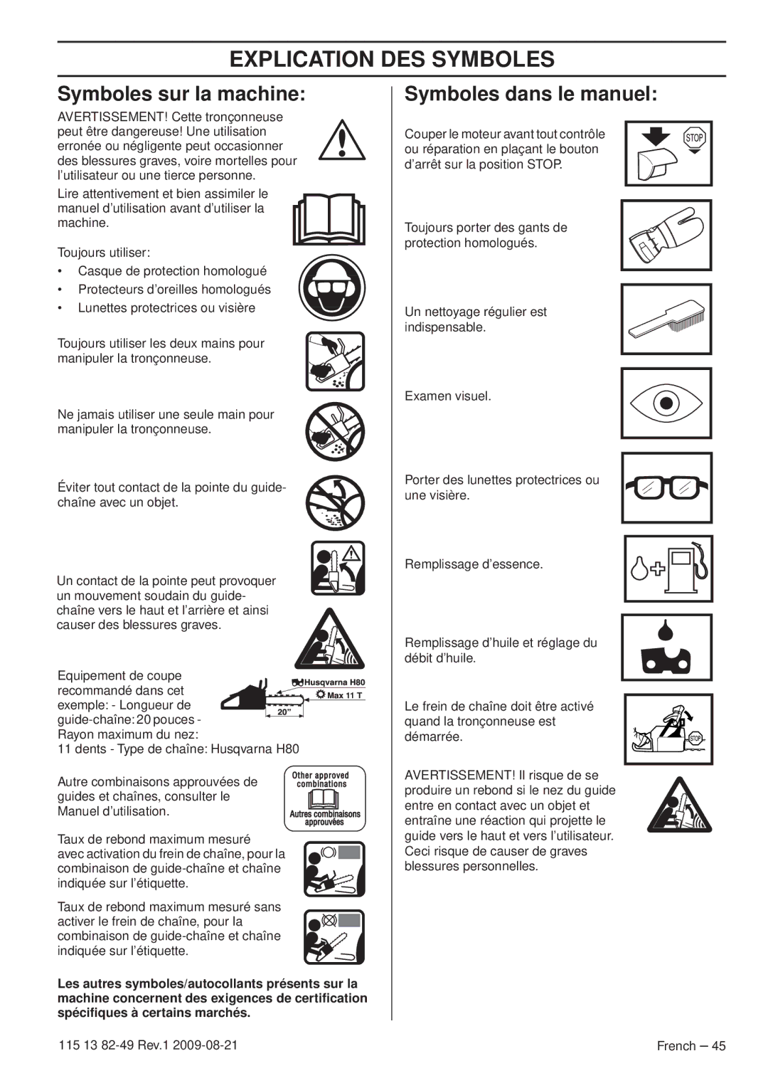 Husqvarna 115 13 82-49 manuel dutilisation Explication DES Symboles, Symboles sur la machine, Symboles dans le manuel 