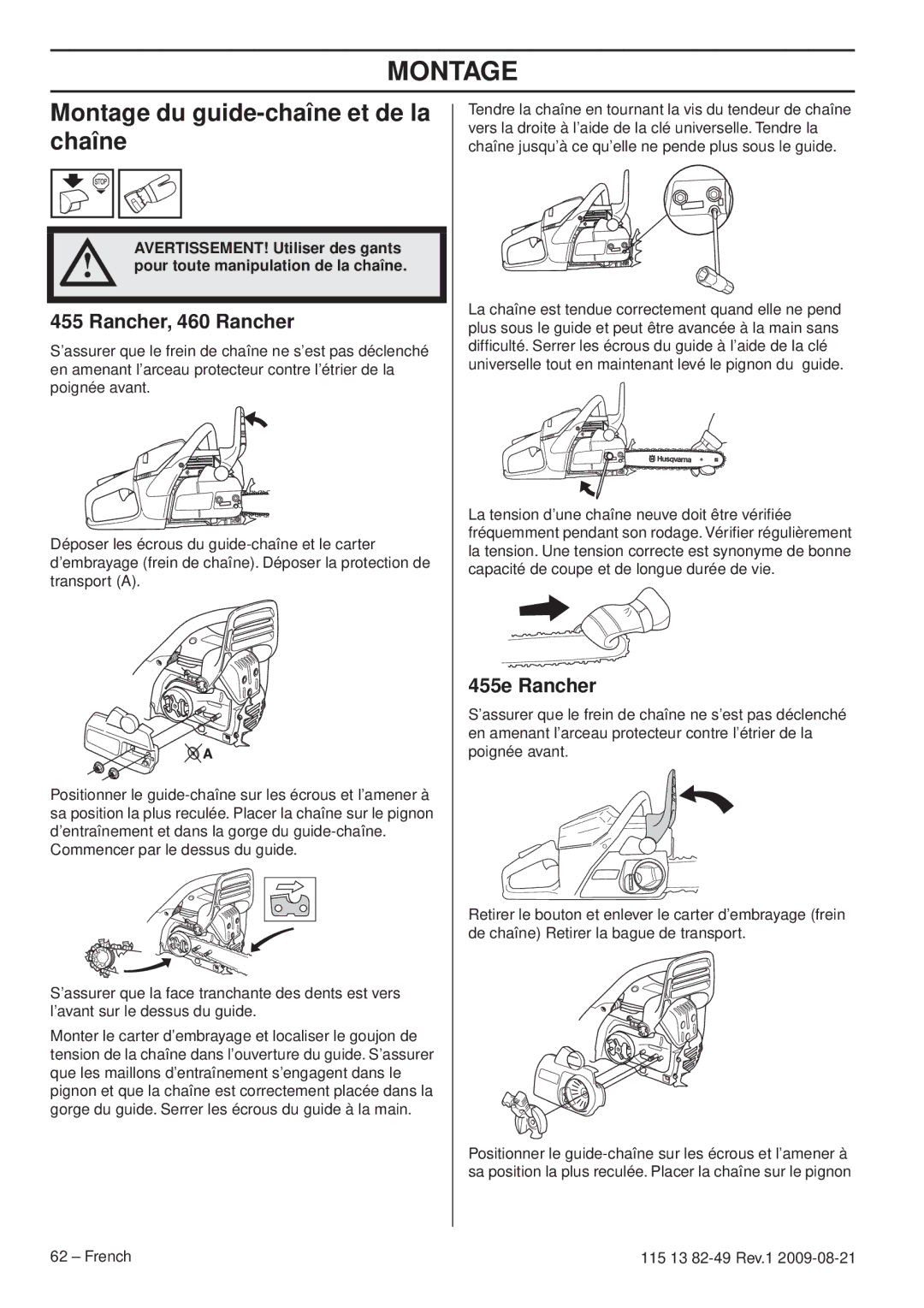 Husqvarna 115 13 82-49 manuel dutilisation Montage du guide-chaîne et de la chaîne, AVERTISSEMENT! Utiliser des gants 