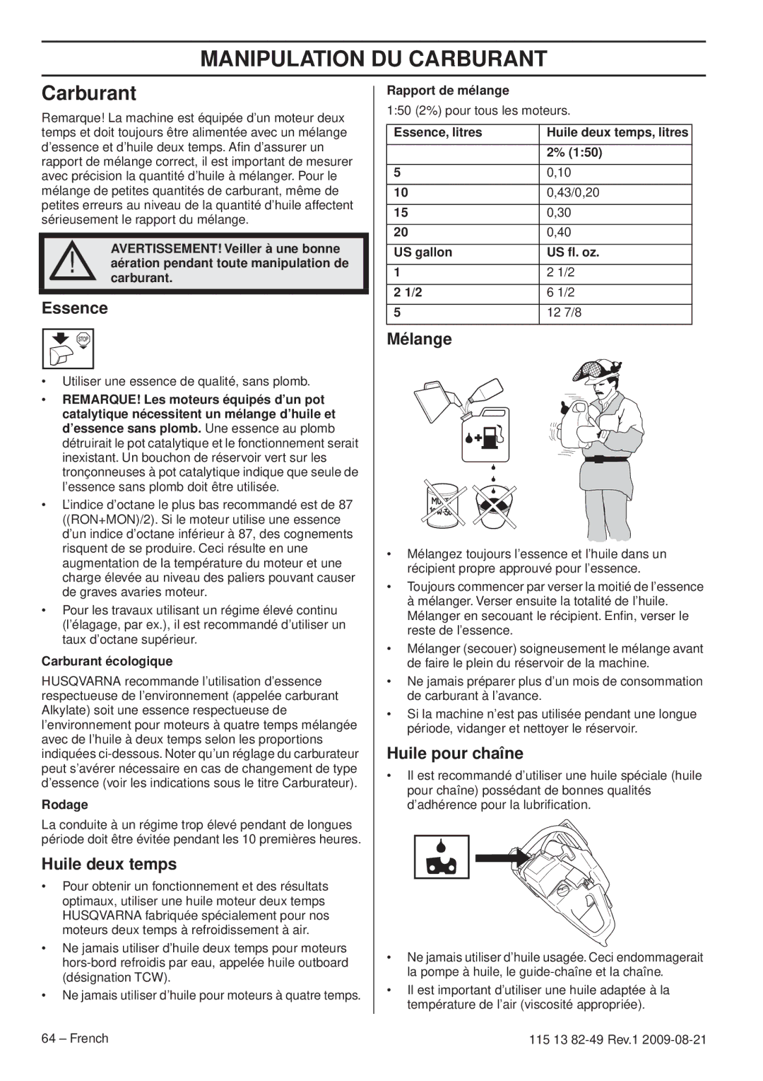 Husqvarna 115 13 82-49 manuel dutilisation Manipulation DU Carburant 